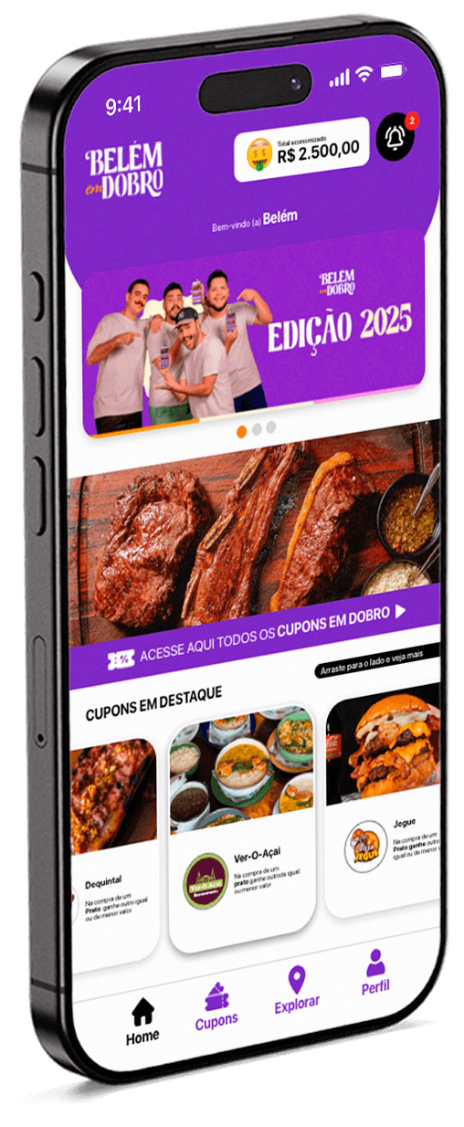 App Belém em Dobro: tela inicial, mapa interativo e lista de cupons